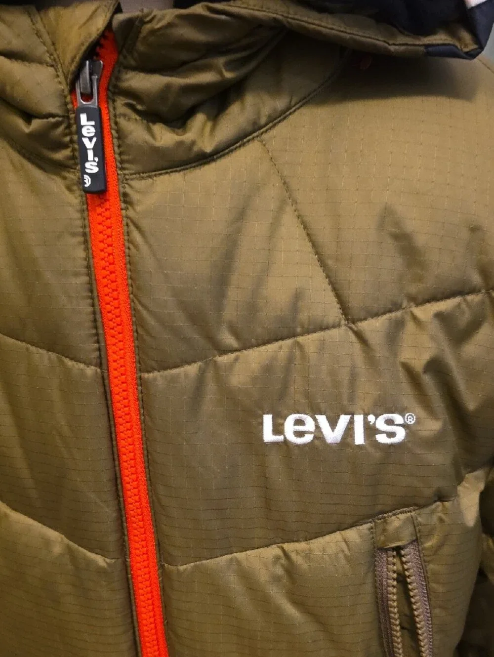 Levi's Olive Green Kids Puffer Jacket with Red and White Hood Trim